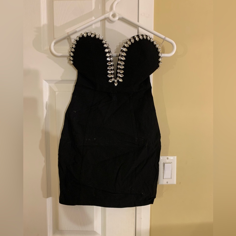 Rare London Black Rhinestone Embellished Deep V Strapless Mini Dress